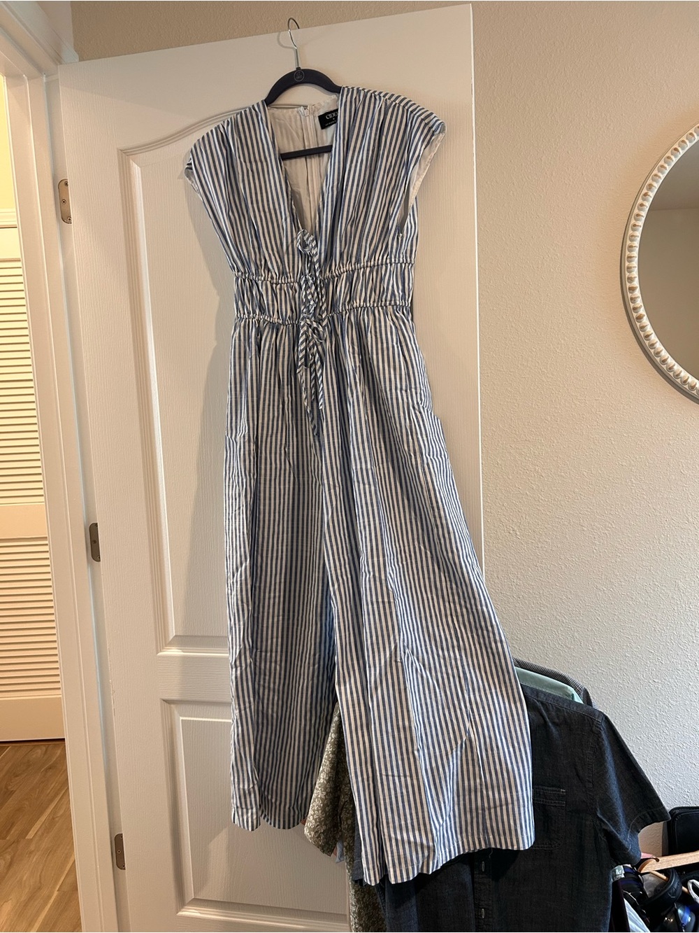 Cider Blue & White Striped Cinched-Waist Jumpsuit